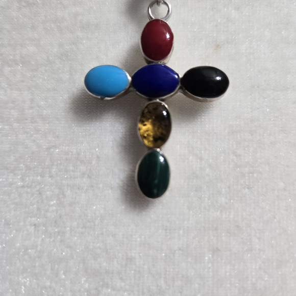 Signed stamped 925 Mexico sterling silver multicolor cabochons stones necklace - Picture 5 of 6